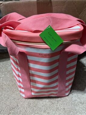 kate spade coral pink and white striped insulated wine cooler tote